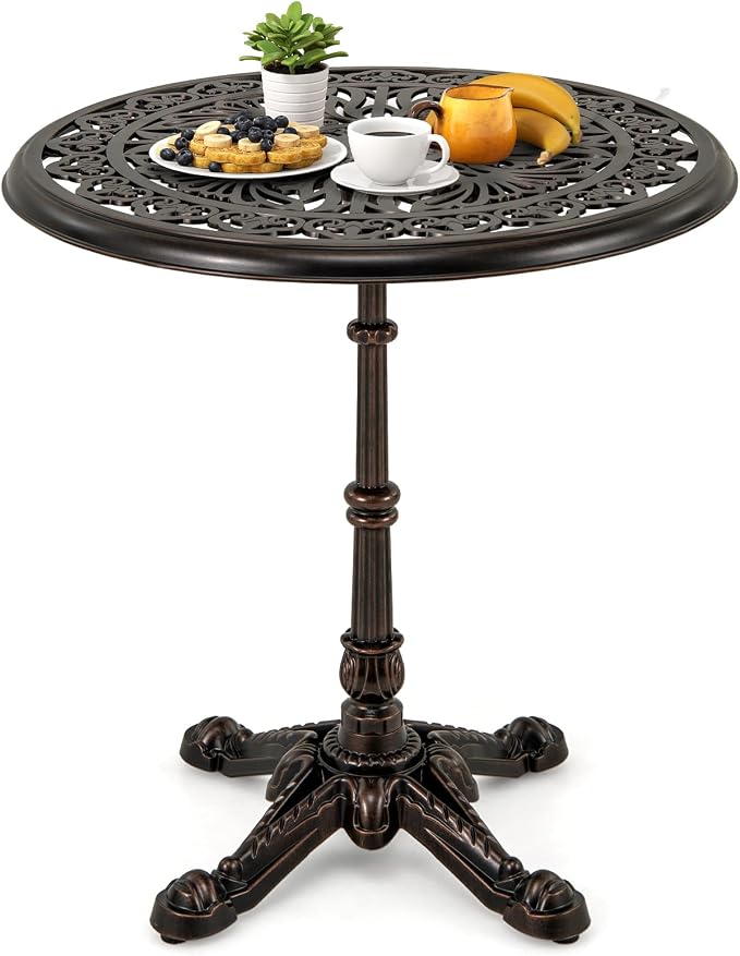 Tangkula 27" Round Cast Aluminum Patio Bistro Table, Weather Resistant Outdoor Dining Table with Hollow Top & Cross Base, Accent Table for Backyard, Garden, Porch, Copper