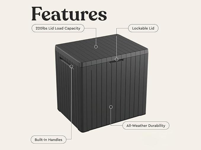 30 Gallon Outdoor Deck Box, Waterproof Resin Storage with Lid for Patio Furniture Cushions, Toys, Pool Accessories