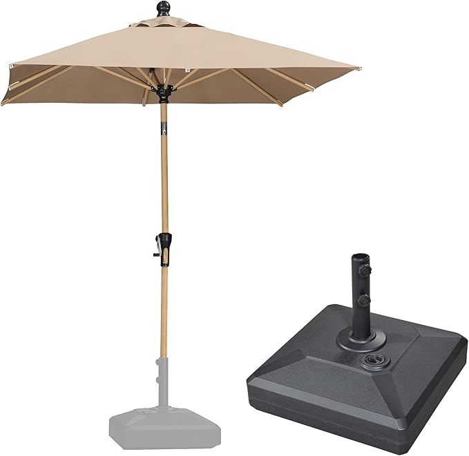 PURPLE LEAF 6' x 6' Patio Umbrella with Base Square Outdoor Table Umbrella Aluminum Market Umbrella with with 8 Sturdy Ribs & Push Button Tilt and Crank Outdoor Umbrellas for Lawn Garden Patio, Taupe