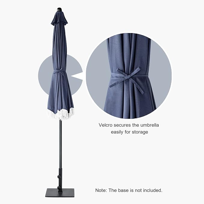 Tempera 9ft Auto Tilt Patio Umbrellas with Fringe, Outdoor Market Umbrellas with Fade Resistant Canopy, 8 Sturdy Rids, Luxurious Vintage Umbrellas for Lawn, Pool, Deck, Balcony