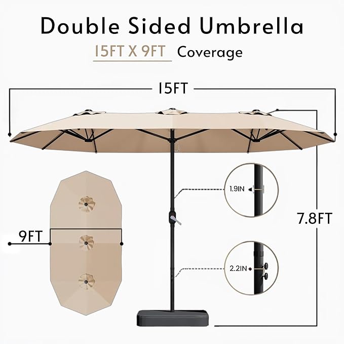 15ft Large Patio Umbrellas with Base Included, Outdoor Double-Sided Rectangle Market Umbrella with Stand, Outside Umbrellas for Poolside Lawn Backyard