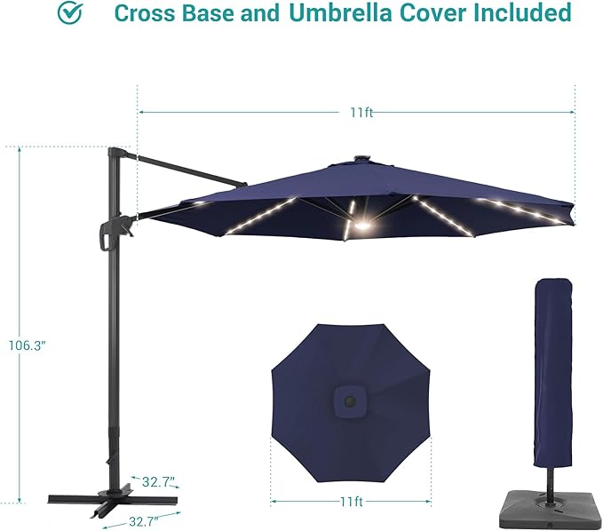 FLAME&SHADE 11 ft Cantilever Offset Patio Umbrella, Large Heavy Duty Outdoor Patio Umbrella Aluminum 360° Rotation Round Outdoor Umbrella for Deck,Pool,Backyard