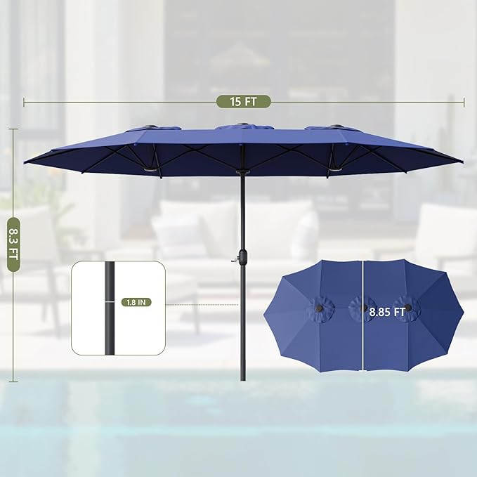 15ft Double-Sided Outdoor Patio Umbrella, Table Umbrellas with Steel Ribs, Easy Crank, Market Umbrella for Backyard & Pool
