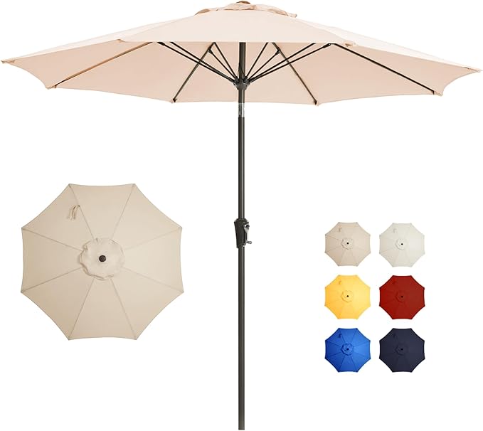 9FT Large Outdoor Patio Umbrella Pool Market Umbrella-UV Resistant, Easy Push Button Tilt and Crank, 8 Sturdy Ribs Heavy-Duty Table Umbrella for Deck, Backyard,Garden (Beige)