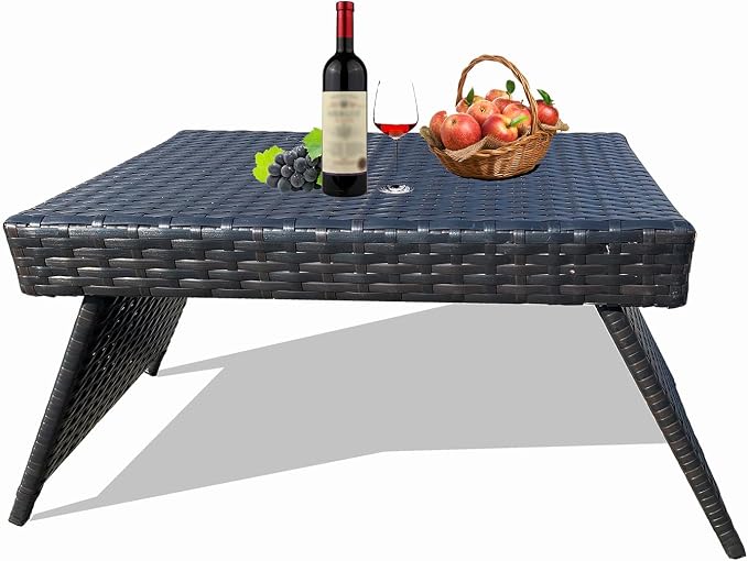 Patio Coffee Table - Outdoor Foldable Wicker Side Table for Balcony, Garden, Lawn, Poolside, Backyard Bistro