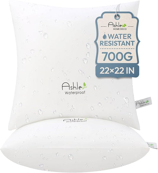 Ashler Outdoor Pillow Inserts 22x22 Pack of 2, Waterproof Pillows Decorative for Couch, Hypoallergenic Pillow Square Lumbar Pillow Form for Bedding Couch,White