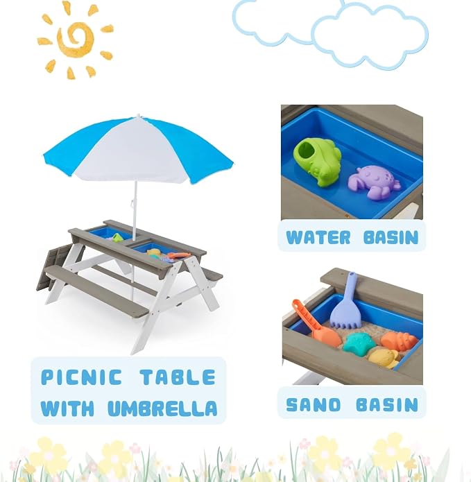 3-in-1 Kids Picnic Table with Umbrella, Convertible Sand and Water Table Outdoor Picnic Table for Outdoor Backyard Patio Play
