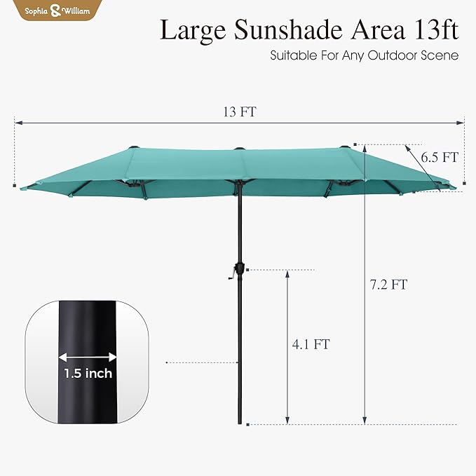 Sophia & William 13ft Outdoor Patio Umbrella for Table, Large Double-sided Umbrella for Garden, Deck, Pool, Turquoise