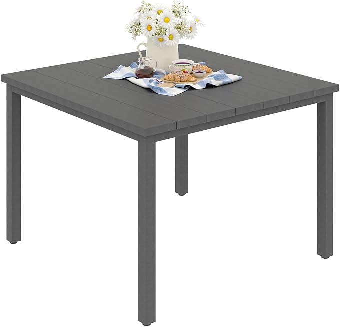 VICLLAX Outdoor Patio Dining Table for 4, Metal Square Patio Table with Umbrella Hole for Backyard Porch, Dark Grey 40.2"