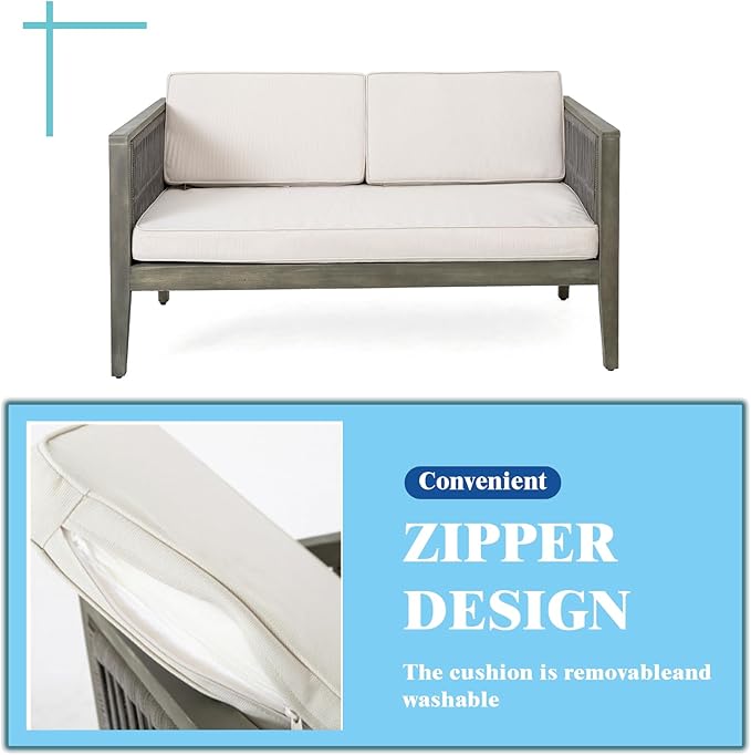 4-Pieces Acacia Wood Patio Furniture Set, Outdoor Furniture with Coffee Table, Patio Conversation Set Deep Seating with Soft Cushion, Porch Chairs for Garden, Backyard Porch Balcony, Grey & Beige
