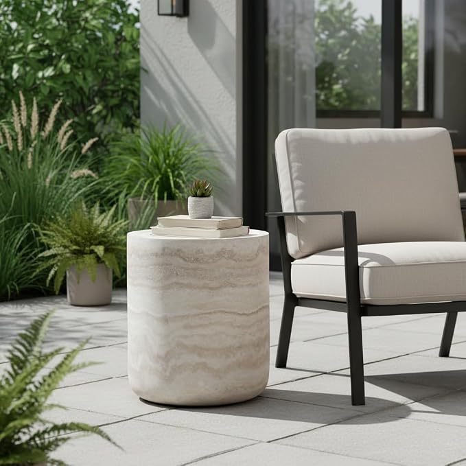 15.74" Round Side Table Small Faux Marble Pattern Coffee Table French Country Rustic Side Table End Table for Living Room,No Need Assembly.Light GrayØ15.74"