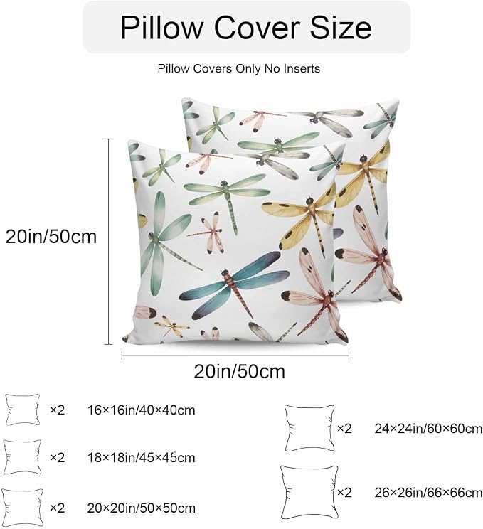 Dragonfly Outdoor Pillow Covers 20x20 Inch Throw Pillow Covers Set of 2 Waterproof Decorative Pillow Cases Watercolor Colorful Nature Painting Art Cushion Covers for Patio Furniture Garden Couch Sofa