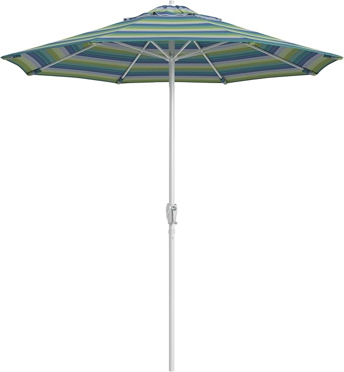 California Umbrella 12-Year Protection 7.5-Ft Outdoor Patio Umbrella, Sunbrella Fade-Resistant Fabric, Auto-Tilt, Heavy Duty Aluminum Frame, 8 Reinforced Ribs for Pool or Deck, White Pole, Seville Seaside