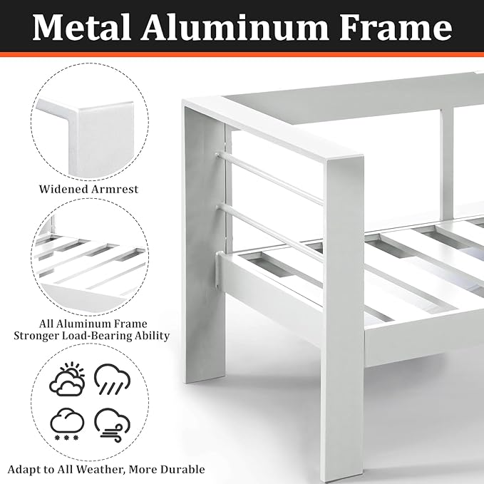 Outdoor Conversation Sets, Aluminum Patio Couch with Outdoor Coffee Table, All-Weather Metal Patio Couch with 5" Thick and Soft Cushion and Wide Arm, Outdoor Sofa Sets for Balcony, Porch, White