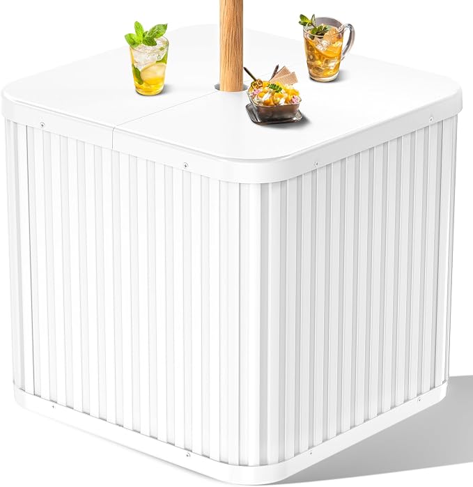 Umbrella Side Table Outdoor Patio Table with Umbrella Hole, Heavy Duty Plastic Poolside Table Holds 132 lbs with Water Filled Base, Fits ≤1.5”Umbrella Pole for Poolside & Backyard, White