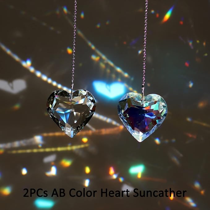 2PCS Heart Crystal Suncatcher Prisms for Windows (1, Heart ABColor 2Pcs) | AB Color, Transparent, K9 Glass, Rainbow Maker, with Hooks & Cord