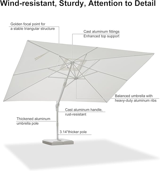PURPLE LEAF 10' × 13' Patio Umbrella With Base White Cantilever Umbrella Square Outdoor Offset Umbrella Windproof with 360° Rotation for Garden Deck Pool, White