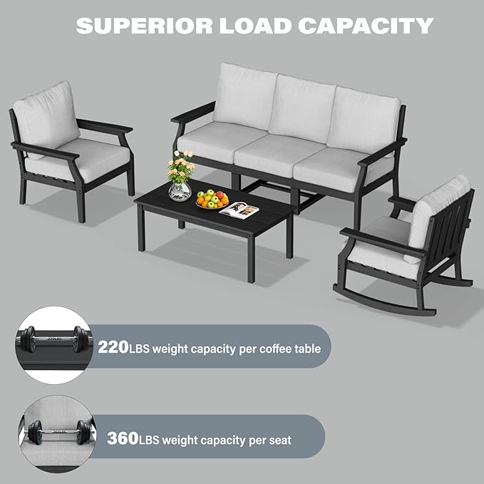 HDPE Patio Conversation Set, 6-Piece All Weather Outdoor Furniture Set with 1 Single Rocking Armchairs for Deck, Lawn, with Cushion, Black