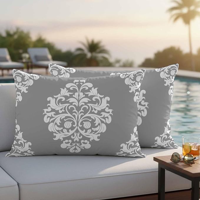 Outdoor Pillow Covers Set of 2, Damask Abstract Flower Grey Decorative Throw Pillow Covers 20X12IN, Classic Luxury Floral Throw Pillows Protector Cushion Case for Patio,Couch,Sofa,Garden
