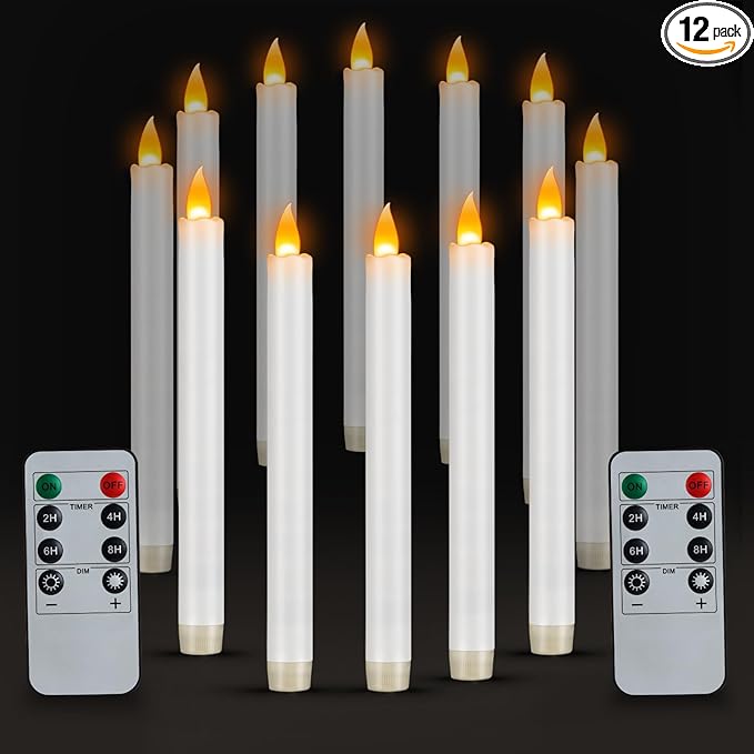 wemarry Flameless Taper Candles 10" Dripless Battery Operated Taper Candles Included Remote Timer 400+ Hours by 2AA Batteries for Halloween Christmas Wedding (White, 12 Pack)