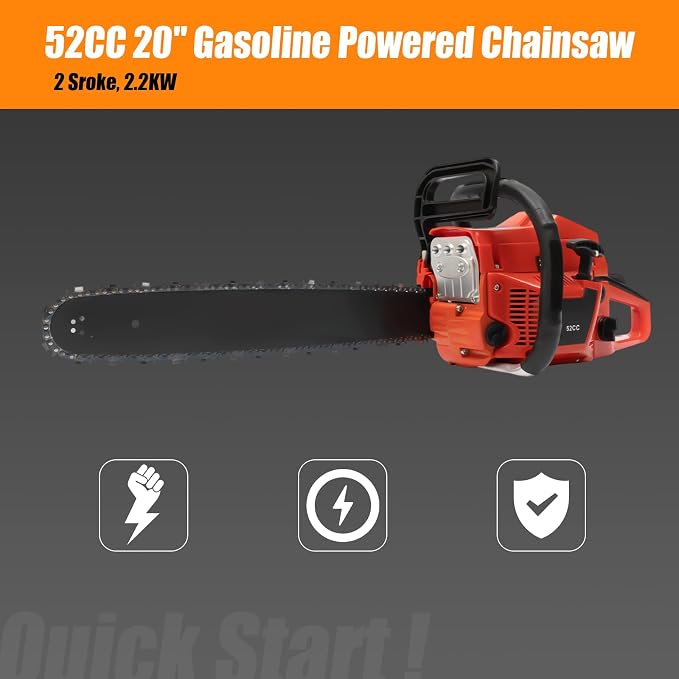 Gasoline Chainsaw, 2 Stroke 2.2kw Gas Powered Chain Saw Engine, 52cc 3HP 20 Inch Air-cooled Cutting Saw for Forest Harvesting/Cutting Wood/Pruning Branches/Gardening/Home Woodworking