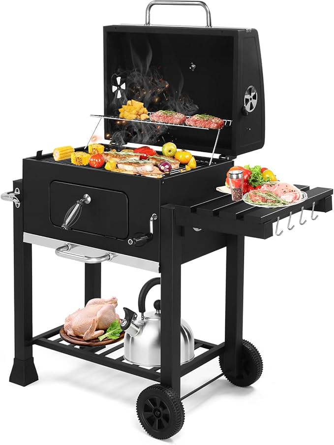 Outdoor BBQ Charcoal Grills,Heavy Duty Charcoal Grill,Metal Outdoor Barbecue Smoker,Portable Camping Barbecue Grills,with Foldable Side Tables,for Garden, Backyard, Patio, Picnics, Party (Black)