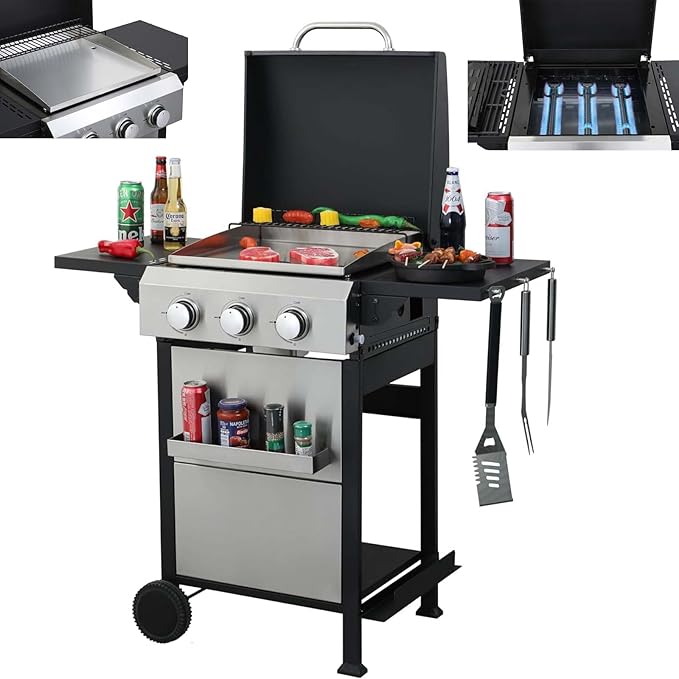 3 Burner BBQ Propane Gas Grill with Plancha Griddle, Stainless Steel Patio Garden Barbecue Grill with Two Side Shelves,36,900 BTU Outdoor Barbecue Cooking with Top Cover Lid