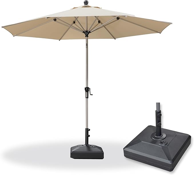PURPLE LEAF 10' Round Market Umbrella, Patio Umbrella with Base Included, Heavy Duty Outdoor Table Umbrella with Tilt, Aluminum Pool Umbrella for Deck, Garden, or Poolside, Khaki