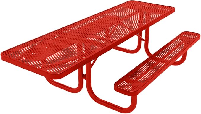 COATEDOUTDOORFURNITURE Heavy-Duty Portable ADA-Compliant Outdoor Picnic Table, Punched Steel Patio Furniture Made in America (8ft Rectangular, One-Side Handicap, Red with Red Frames)