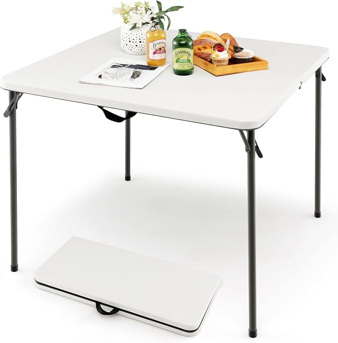 MEDIMALL Outdoor Folding Table, Fold-in-Half Utility HDPE Foldable Table with Metal Legs, Handle, Square Indoor Outdoor Collapsible Dining Table for Camping, Picnic, Party (White)
