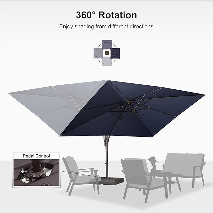 PURPLE LEAF 9' X 11.5' Rectangle Cantilever Umbrella Patio Umbrella Antique Bronze Outdoor Aluminum Offset Hanging Umbrella with 360-degree Rotation for Pool Garden Backyard Deck, Navy Blue