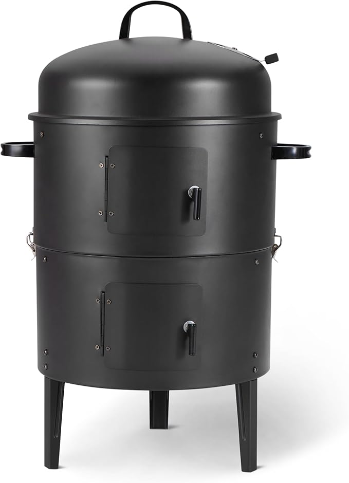 Amazon Basics 16 inch Vertical Charcoal Outdoor Smoker, BBQ Grill, with Built-in Thermometer, 2-Layer Design, Adjustable Air Supply Control, Black