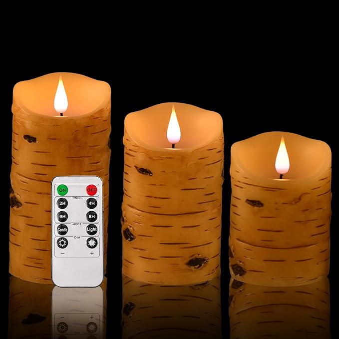 NICEME LED Birch Bark Flameless Candles Set of 3 Real Wax Battery Operated Candles Flickering Teardrop Wick Electric Decorative Pillar Bark Candles with Remote Timer, D3 x H4 5" 6"