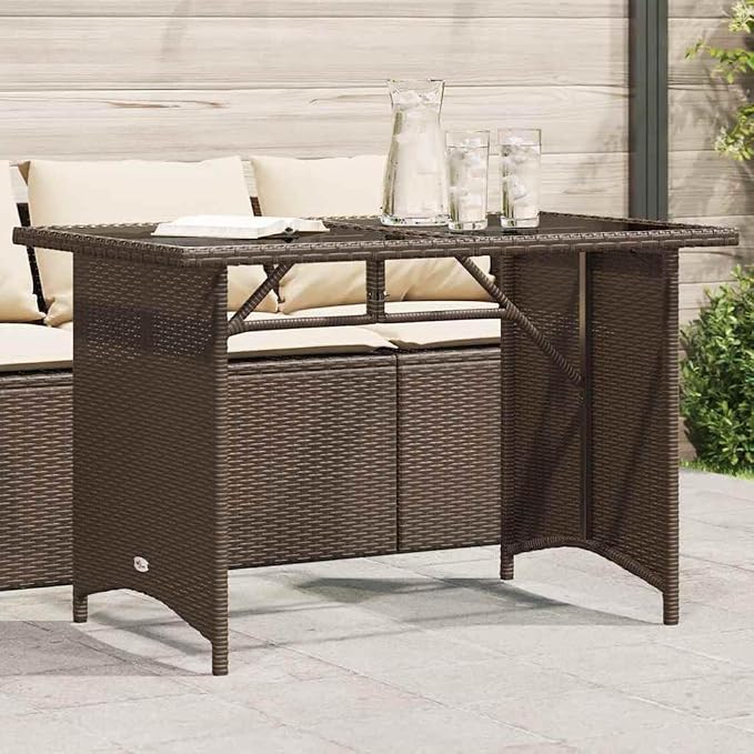 Powder Coated Steel Frame Modern Patio Table for Balcony Dining with Weather Resistant Poly Rattan and Outdoor Dining Table with Tempered Glass Top