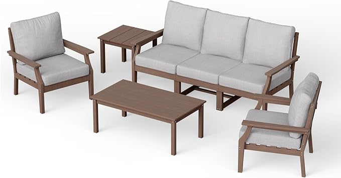 HDPE Patio Conversation Set, 7-Piece All Weather Outdoor Furniture Set with 2 Single Armchairs for Deck, Lawn, with Cushion, Brown