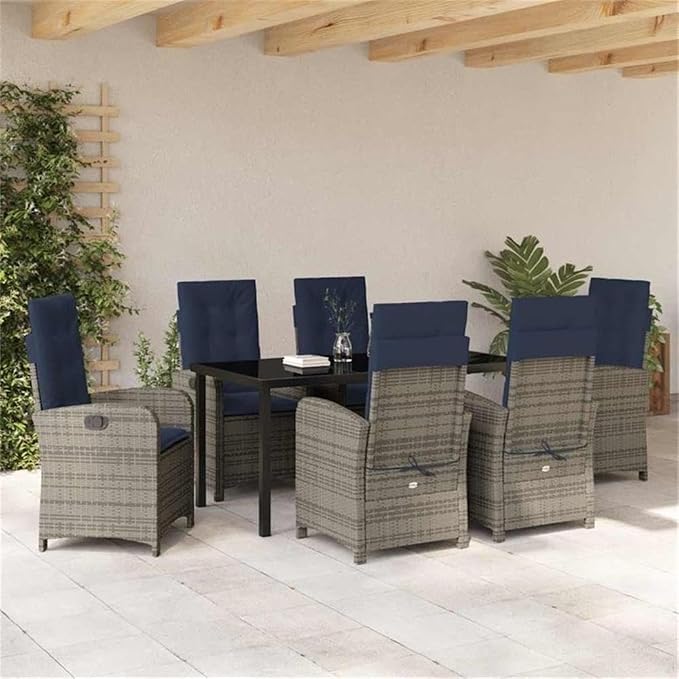 Afuera Living 7-Piece Poly Rattan Garden Dining Set, Gray Finish, Cushioned Seats, Glass-Topped Table, Adjustable Backrests, Weather-Resistant Steel Frame, Modern Patio Furniture for Outdoor Dining