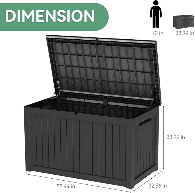 Vixzen 280 Gallon Outdoor Storage Box Waterproof, Large Lockable Resin Deck Box with lid for Patio Furniture Cushions, Weatherproof Storage Boxes for Garden Tools Pool Accessories (Black, 280 Gallon)