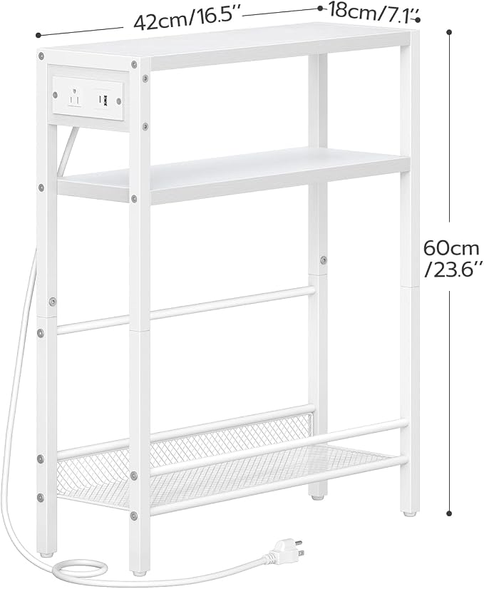 HOOBRO Small Narrow Side Table with Charging Station, Skinny End Table for Small Spaces, Slim Nightstand with USB Ports Outlet, Sofa Beside Table with Storage Shelf, White WT102UBZ01