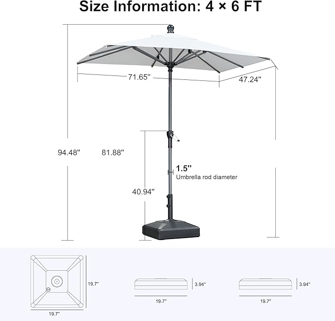 PURPLE LEAF 6' x 4' Rectangle Patio Market Umbrella with Base Outdoor Table Umbrellas Aluminum Frame Sun Shade with 8 Sturdy Ribs Tilt for Garden Deck Lawn Pool White