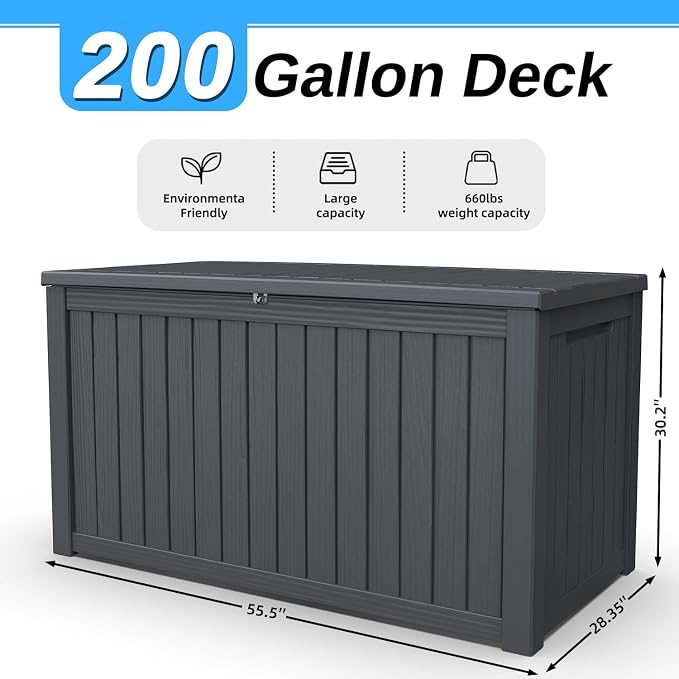 200 Gallon Deck Box, Resin Outdoor Waterproof Storage Box, Lockable Storage Box With Handle for Patio Furniture - Garden Tools - Swimming Pool Tools UV Resistant, Black