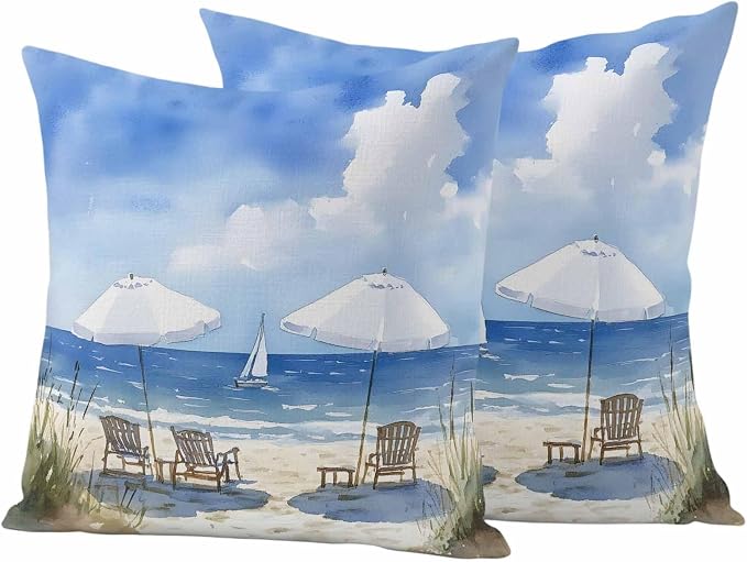 Watercolor Summer Beach Outdoor Waterproof Throw Pillow Covers Set of 2, 18"x18", Sun Umbrella Beach Chair Decorative Pillow Covers Outside Cushion Case for Patio Porch Garden
