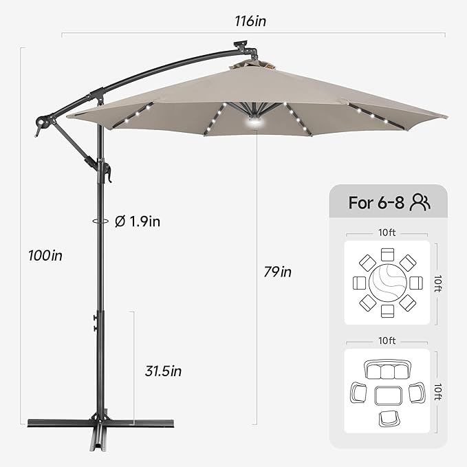 Solar Offset Patio Umbrella - 10 FT Solar Cantilever Umbrella Outdoor with 40 LED Lights and Cross Base, UV Protection for Garden, Deck, Backyard, Pool, Porch, Taupe