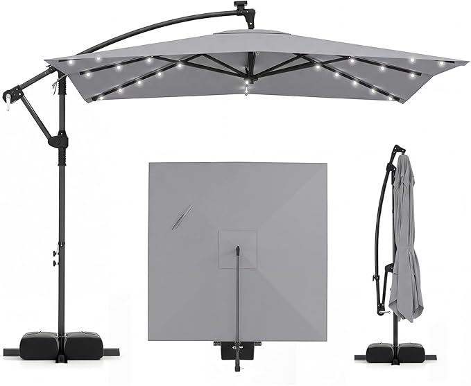 Tangkula 8x8 FT Solar Patio Umbrella with Base Included, Square Offset Cantilever Outdoor Umbrella with 360 Degree Rotation, 32 LED Lights, Crank Handle, 2 Sandbags, 8 Ribs, Air Vent for Pool Deck Garden Backyard