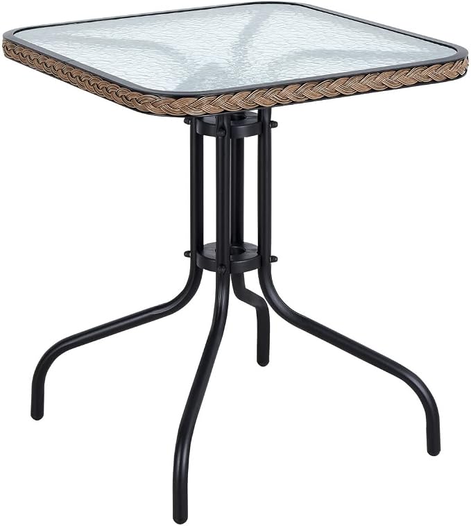 BTEXPERT Indoor Outdoor 28" Square Tempered Glass Metal Restaurant Table Brown Rattan Trim