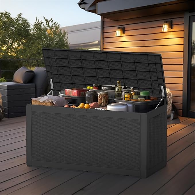 PatioZen 100 Gallon Resin Deck Box Outdoor Storage Box with Lockable Lid, Waterproof for Patio Cushions, Gardening Tools & Exercise Equipment