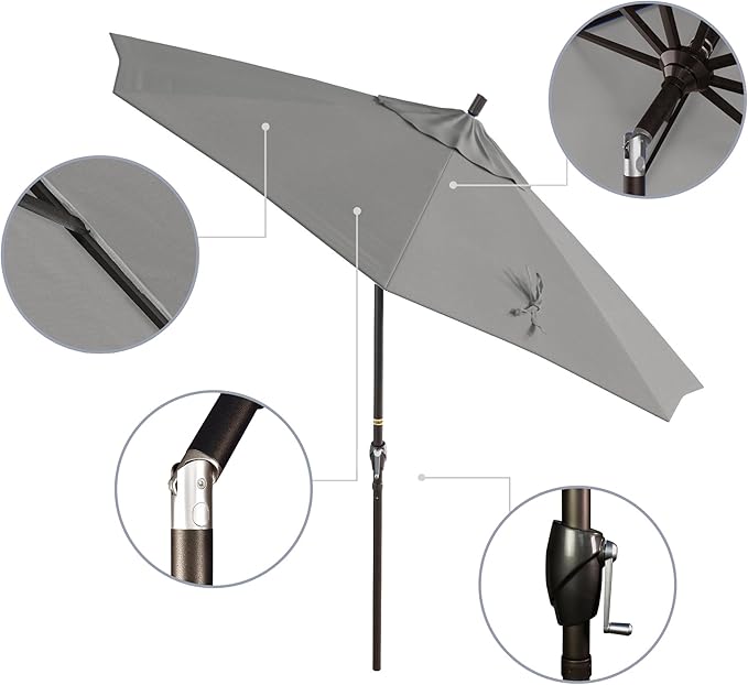 California Umbrella 9' Round Aluminum Market Umbrella, Crank Lift, Push Button Tilt, Bronze Pole