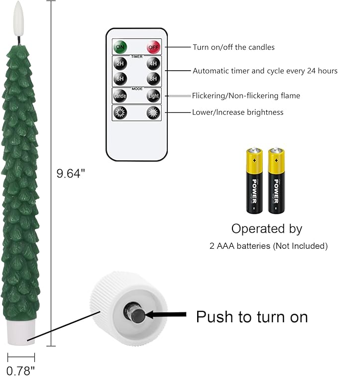 DRomance Christmas Tree Flameless Taper Candles Battery Operated with 10-Key Remote and Cycle Timer 4 Pack Real Wax 3D Wick Flickering LED Candlesticks Holiday Decor(Green, 0.79 x 9.9 Inch)