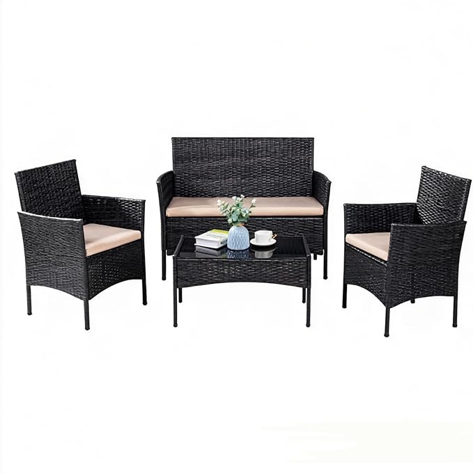 JAMFLY 4-Piece Outdoor Patio Furniture Set, PE Wicker Conversation Kit with Tempered Glass Table, All-Weather Seating for Small Porch, Balcony & Poolside, Washable Cushions, Black