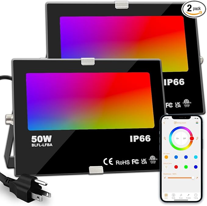 ILC LED Flood Light 50W Outdoor RGB Color Changing, Smart Floodlights RGBW 2700K Warm White & 16 Million Colors, 20 Modes, Grouping, Timing, IP66 Waterproof (2 Pack)