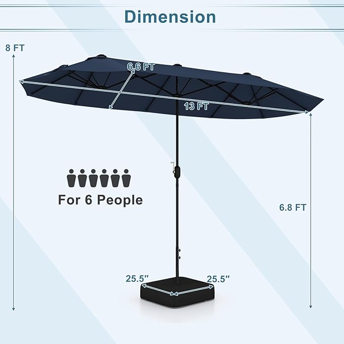 Giantex Patio Umbrella with Base, Double-Sided Outdoor Umbrella with Crank Handle, Umbrella Base Stand with 2 Sandbags, 12 Metal Ribs, Market Umbrellas for Garden Poolside Deck